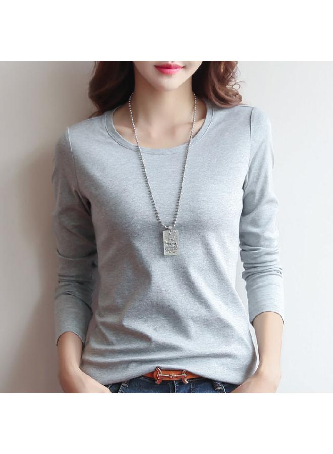 VUELO Summer New Round Collar Solid Color Long Sleeved Women's T-shirt Slim Casual Shirt Thin Korean Blouse