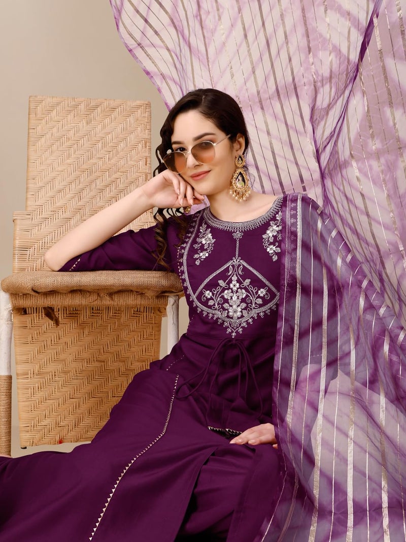EthnicJunction Women's Cotton Silk Embroidered A-line Front Slit Kurta Palazzo & Organza Dupatta Set Wine - Image 2