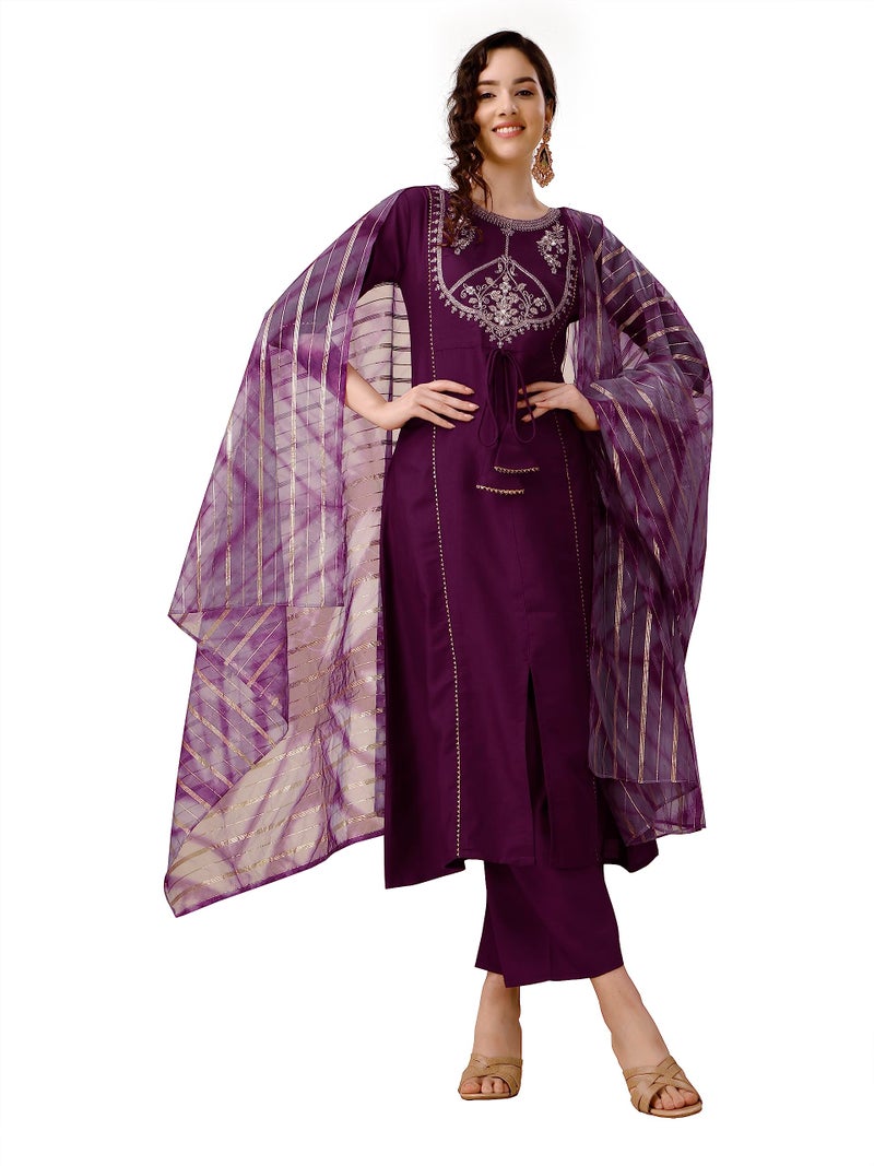 EthnicJunction Women's Cotton Silk Embroidered A-line Front Slit Kurta Palazzo & Organza Dupatta Set Wine - Image 1