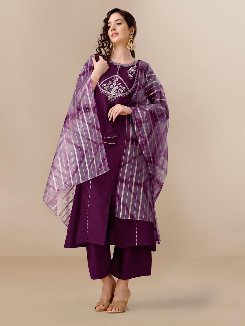 EthnicJunction Women's Cotton Silk Embroidered A-line Front Slit Kurta Palazzo & Organza Dupatta Set Wine - Image 5