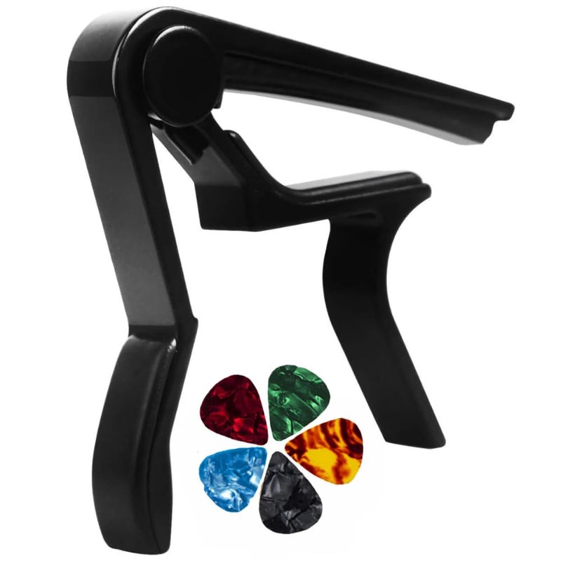 TechBlaze Guitar Capo with 5 Picks, Quick Change Trigger Capo for 6-String Metal Alloy Guitar Capo, For Acoustic Guitar, Classical Guitars Electric and Ukulele - Image 1