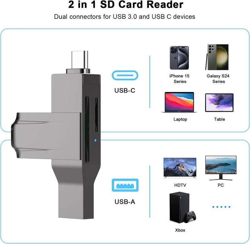 KASTWAVE USB C and USB 3.0 SD Card Reader, 2-in-1 Zinc Alloy Card Reader for SDXC, SDHC, MMC, RS-MMC, Micro SDXC, Micro SD, Micro SDHC, UHS-I Cards Compatible with iPhone 15, MacBook, iPad and Android - Image 3