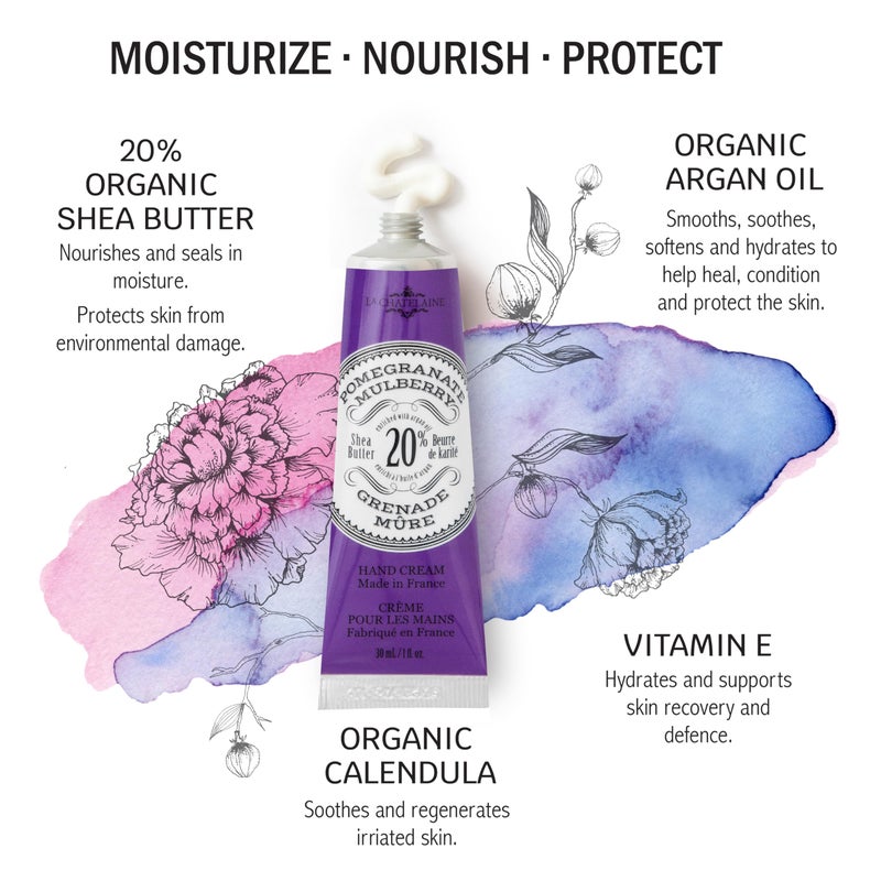 La Chatelaine 20% Shea Butter Hand Cream Travel Size, Organic Argan Oil, Moisturizing, Nourishing, Repairing, Extra-Rich Hand Lotion, Made in France, Paraben Free, 1 oz / 30ml (Pomegranate Mulberry) - Image 2