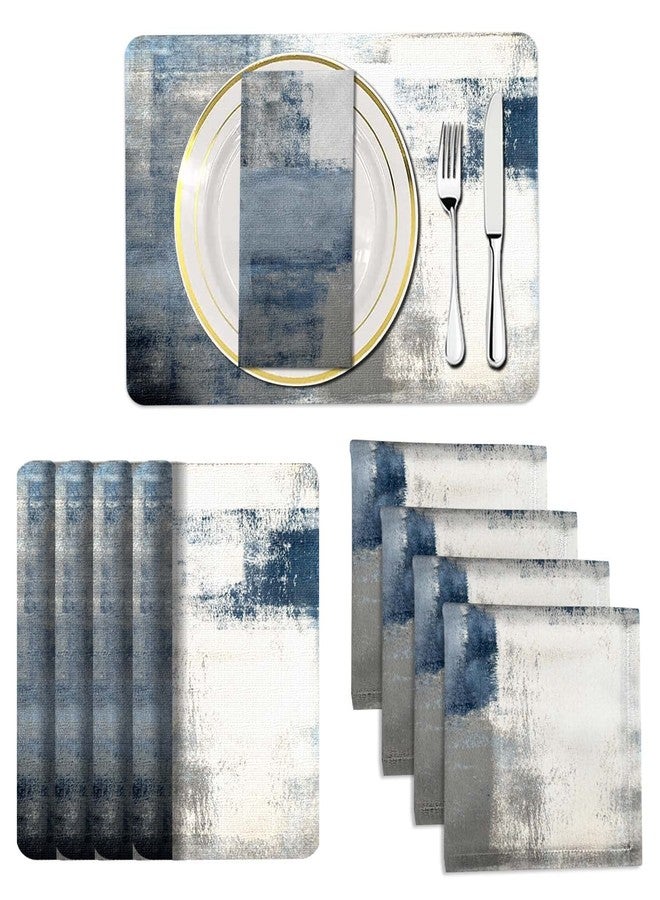 MCALK 4 Each Blue Placemats and Cloth Napkins Set of 8, Modern Abstract Art Painted Placemat for Home Kitchen Decor (Placemats 18 "x12 Cloth Napkins 18 "x18) - Image 1