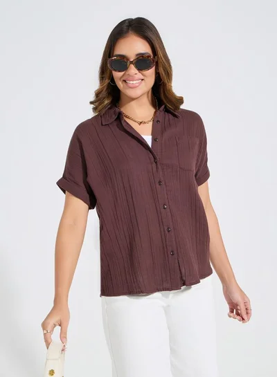 Styli Cotton Gauze Textured Shirt with Turn-Up Sleeves