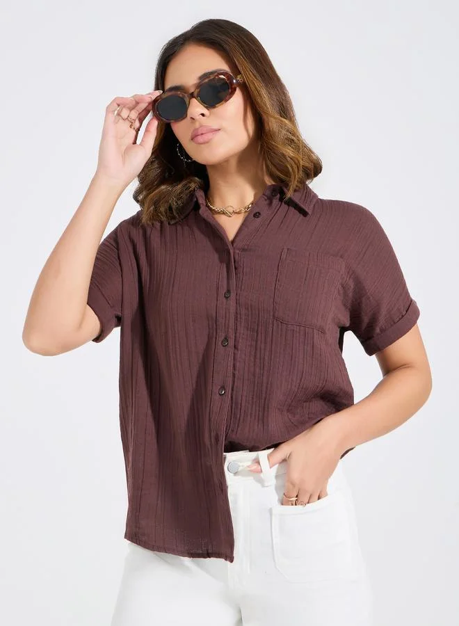 Styli Cotton Gauze Textured Shirt with Turn-Up Sleeves