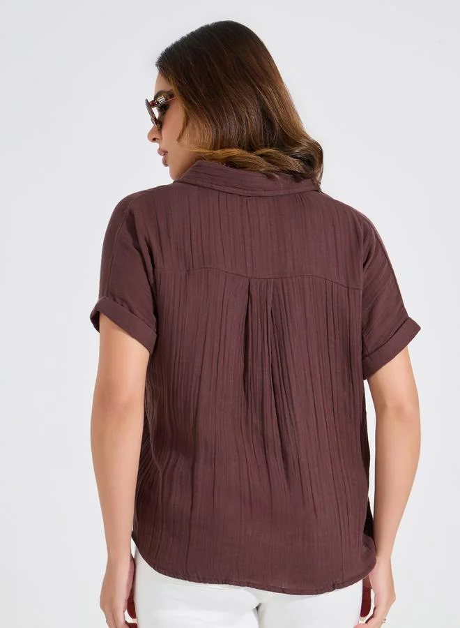Styli Cotton Gauze Textured Shirt with Turn-Up Sleeves