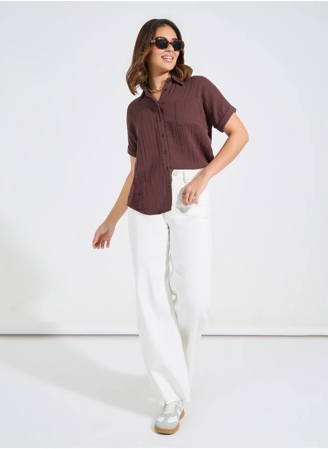 ستايلي Cotton Gauze Textured Shirt with Turn-Up Sleeves