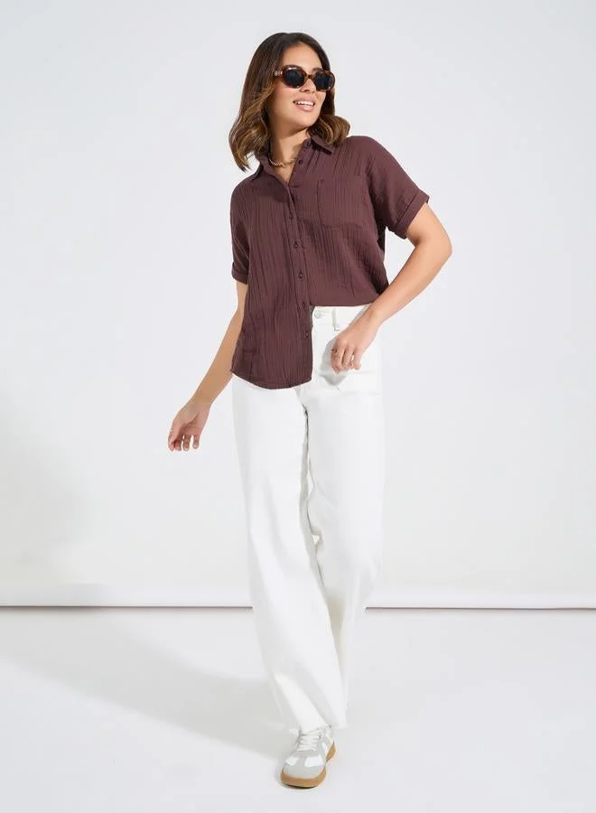 Styli Cotton Gauze Textured Shirt with Turn-Up Sleeves