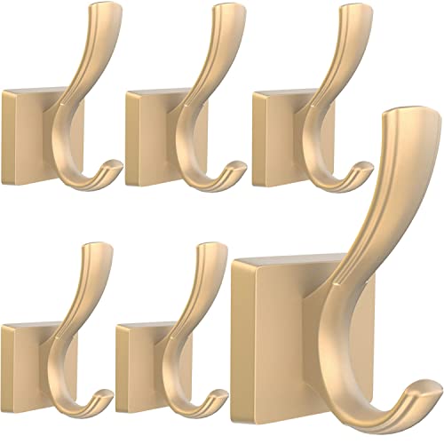 TOFIIGREM Gold Hooks for Wall Double Hooks, Heavy Duty Thick Bathroom Coat Hooks for Hanging Key Robe Hat Backpack, Wall Mount Hat Hooks Bath Towel Hooks(6 Pack, Gold) - Image 1