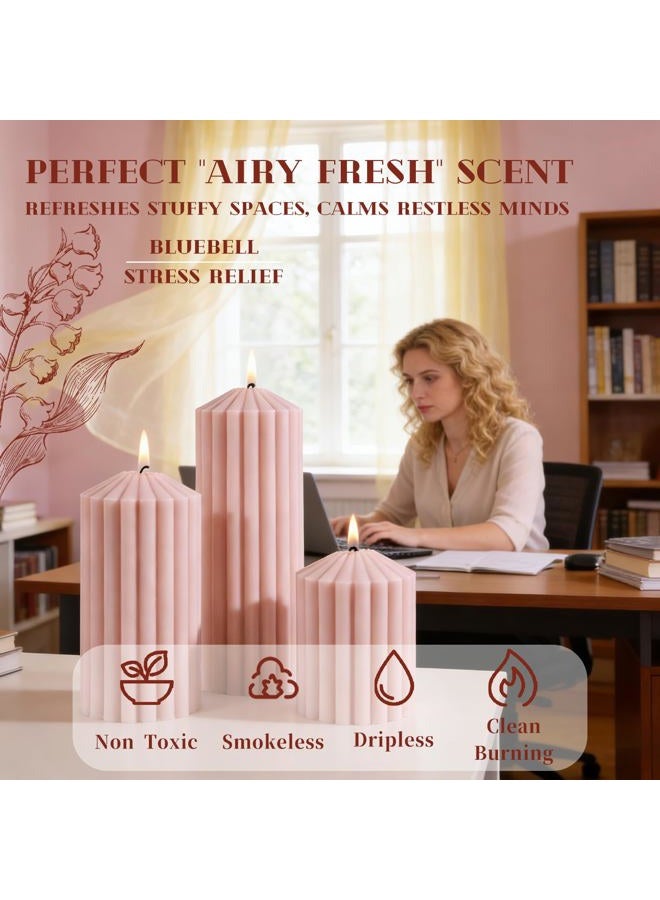 MAKALONE Pink Ribbed Pillar Candle Set of 3 - Wild Bluebell Scented Soy Wax Candle, Aesthetic Decorative Textured Pillar for Home Decor-2.8x4,6,8in Long Lasting Fragrance for Valentine's Day Gift,Spa,Wedding - Image 3