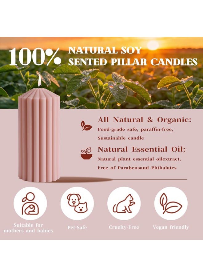 MAKALONE Pink Ribbed Pillar Candle Set of 3 - Wild Bluebell Scented Soy Wax Candle, Aesthetic Decorative Textured Pillar for Home Decor-2.8x4,6,8in Long Lasting Fragrance for Valentine's Day Gift,Spa,Wedding - Image 4