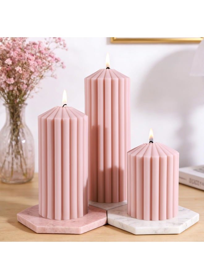 MAKALONE Pink Ribbed Pillar Candle Set of 3 - Wild Bluebell Scented Soy Wax Candle, Aesthetic Decorative Textured Pillar for Home Decor-2.8x4,6,8in Long Lasting Fragrance for Valentine's Day Gift,Spa,Wedding - Image 1