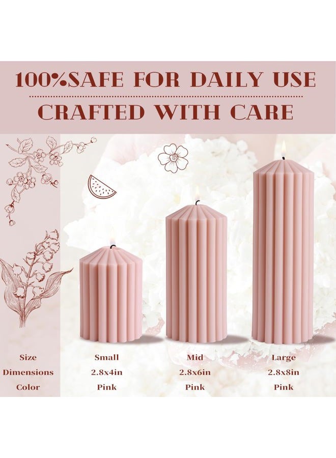 MAKALONE Pink Ribbed Pillar Candle Set of 3 - Wild Bluebell Scented Soy Wax Candle, Aesthetic Decorative Textured Pillar for Home Decor-2.8x4,6,8in Long Lasting Fragrance for Valentine's Day Gift,Spa,Wedding - Image 5