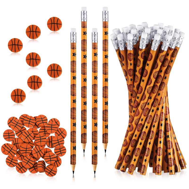 Tinlade 72 Pcs Basketball Pencils and Erasers for Kids Fun Wooden Pencils for Kids Boys Sports Themed Stuff Birthday Party Favors Gifts Goodie Bags Students Stationery Party School Office Supplies - Image 1
