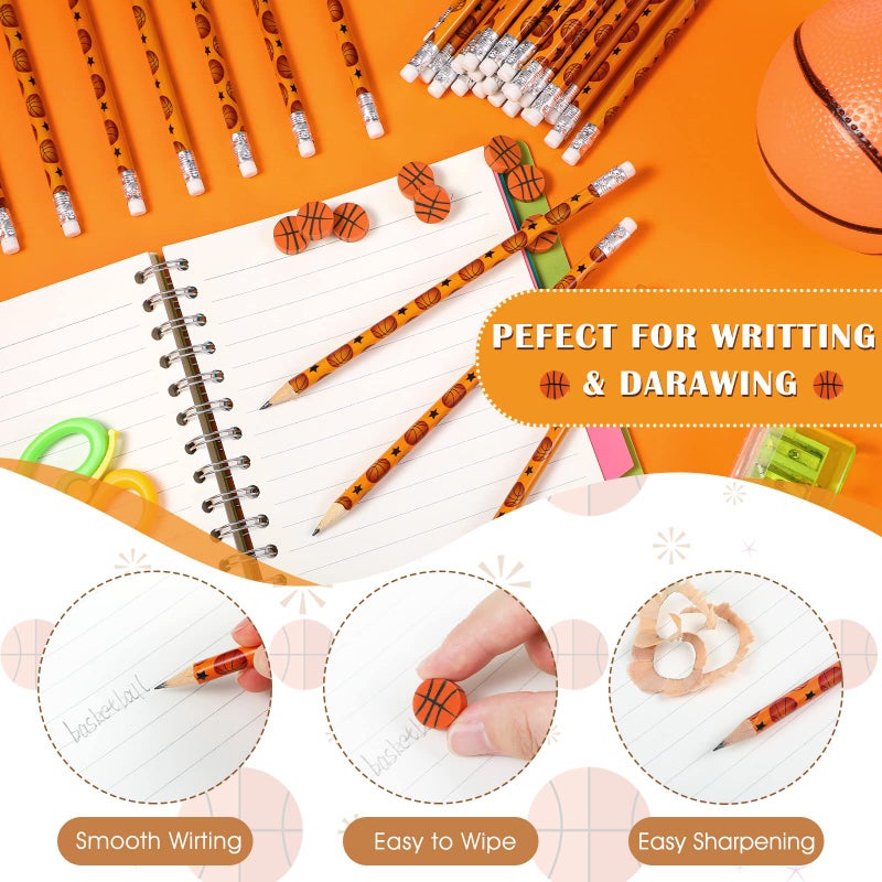 Tinlade 72 Pcs Basketball Pencils and Erasers for Kids Fun Wooden Pencils for Kids Boys Sports Themed Stuff Birthday Party Favors Gifts Goodie Bags Students Stationery Party School Office Supplies - Image 2