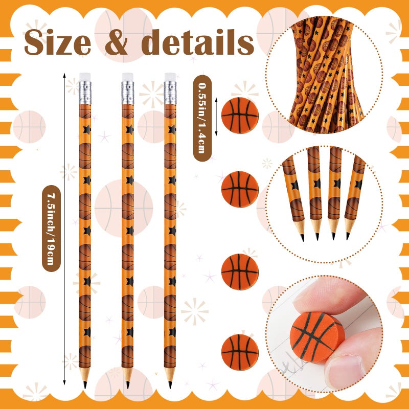 Tinlade 72 Pcs Basketball Pencils and Erasers for Kids Fun Wooden Pencils for Kids Boys Sports Themed Stuff Birthday Party Favors Gifts Goodie Bags Students Stationery Party School Office Supplies - Image 3