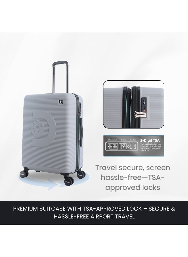 Discovery - Discovery Eclipse ABS Hardside Checked Travel Luggage, Durable Lightweight 4 Double Wheel Expandable Trolley Bag, Extra Secure Combination Lock, 28" Suitcase, Check-In Large Trolley - Light Grey. - Image 1