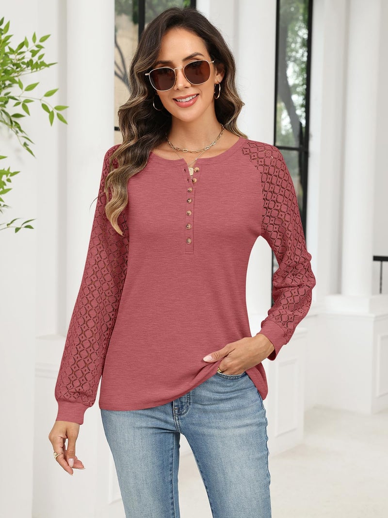 Minetom Women's Lace Long Sleeve Tops Henley Shirts Casual Blouses T Shirts Fall Clothes Rose Red - Image 3