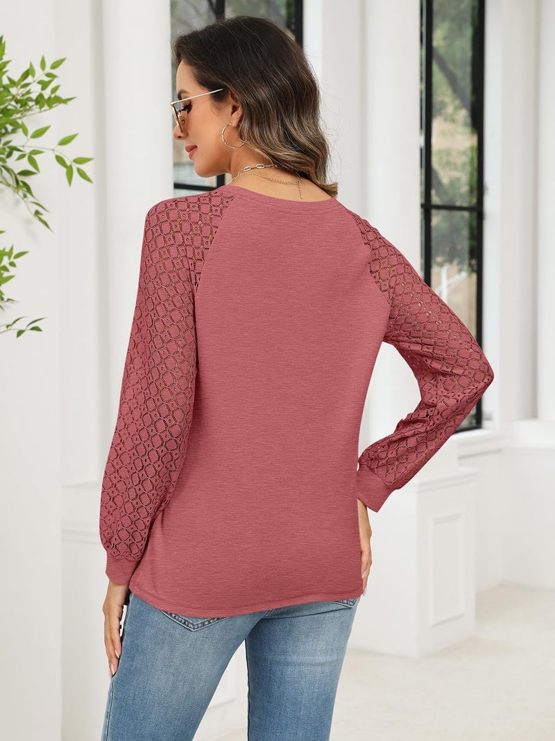 Minetom Women's Lace Long Sleeve Tops Henley Shirts Casual Blouses T Shirts Fall Clothes Rose Red - Image 5