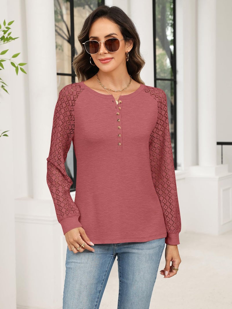 Minetom Women's Lace Long Sleeve Tops Henley Shirts Casual Blouses T Shirts Fall Clothes Rose Red - Image 2