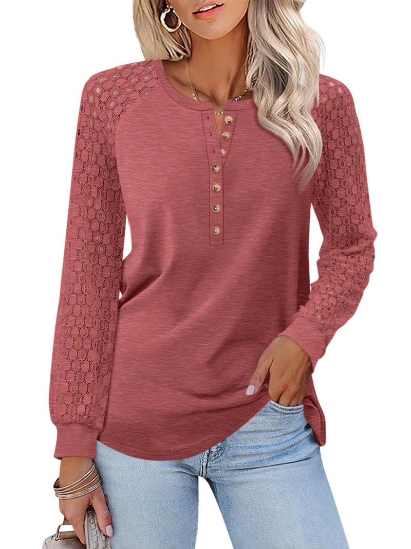 Minetom Women's Lace Long Sleeve Tops Henley Shirts Casual Blouses T Shirts Fall Clothes Rose Red - Image 1