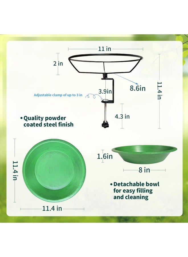 WANGIRO Bird Bath Deck Mounted Bowl 12 Inch Metal Bird Baths with Adjustable Sturdy Metal Clamp for Deck Railing Balcony Bird Feeder for Garden Yard and Lawn Decoration-Green - Image 3