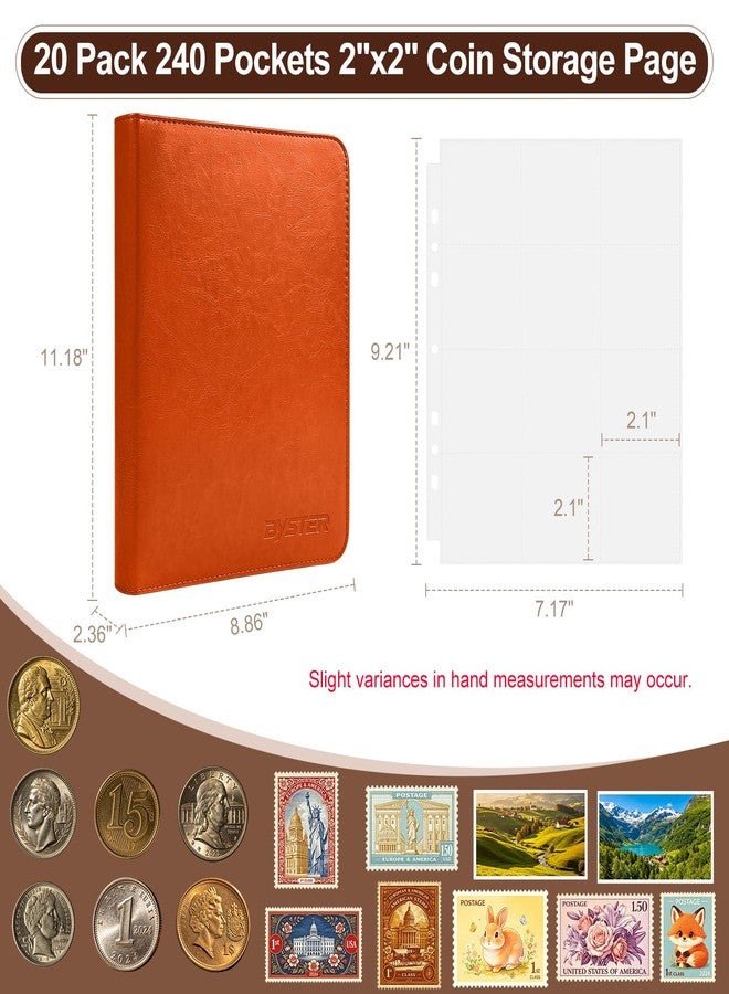 BYSTER Coin Collection Book, 20 Pack 240 Pockets Coin Sleeves, Coin Collection Holder Album, Coin Collection Organizer Storage Box Case (Coin Flips Not Included), Reddish Brown - Image 2