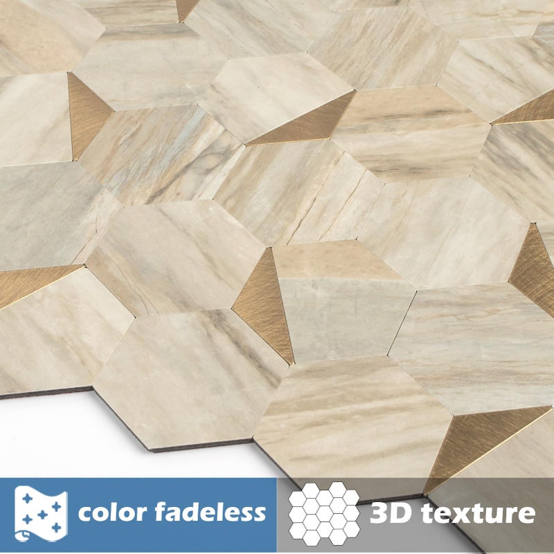 OYASIMI Hexagon Peel and Stick Backsplash for Kitchen Wall, 10 Sheets Heat Resistant Stick on Backsplash PVC Smart Tiles, 12'' Beige Marble Waterproof Peel and Stick Wall Tiles for Bathroom - Image 2