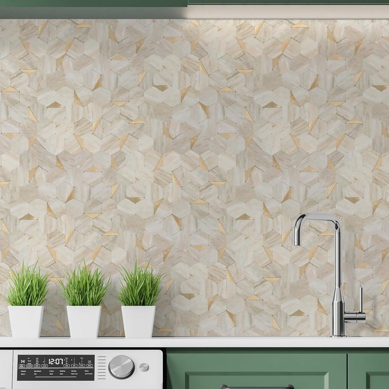 OYASIMI Hexagon Peel and Stick Backsplash for Kitchen Wall, 10 Sheets Heat Resistant Stick on Backsplash PVC Smart Tiles, 12'' Beige Marble Waterproof Peel and Stick Wall Tiles for Bathroom - Image 4