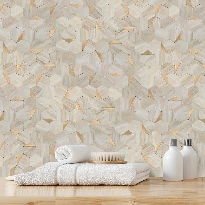 OYASIMI Hexagon Peel and Stick Backsplash for Kitchen Wall, 10 Sheets Heat Resistant Stick on Backsplash PVC Smart Tiles, 12'' Beige Marble Waterproof Peel and Stick Wall Tiles for Bathroom - Image 5