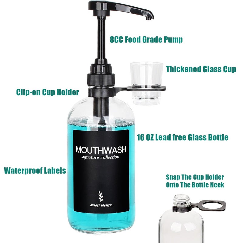 Onsogi Clear Glass Mouthwash Dispenser with Black Cup Holder and Pump, 16 Oz Rustic Boho Mouthwash Dispenser for Bathroom Farmhouse Decor - 1 Pack - Image 5