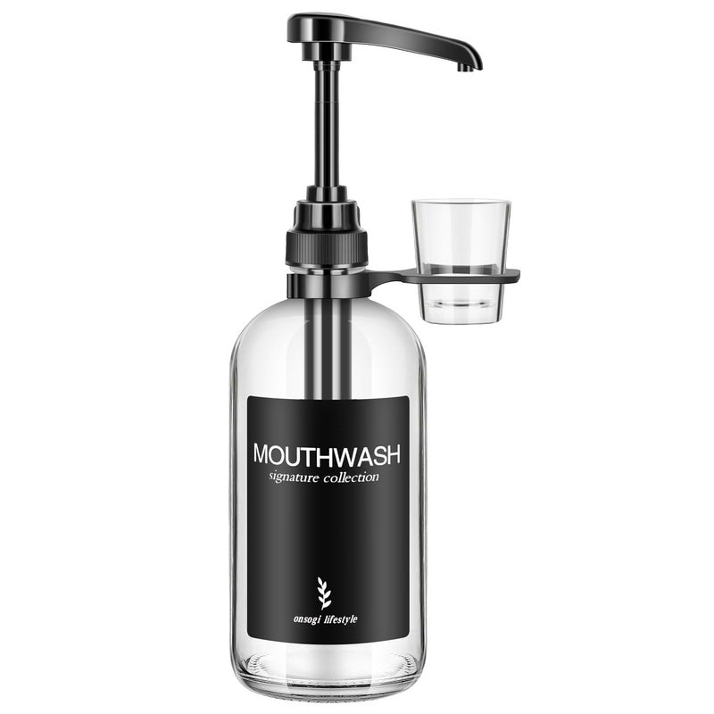 Onsogi Clear Glass Mouthwash Dispenser with Black Cup Holder and Pump, 16 Oz Rustic Boho Mouthwash Dispenser for Bathroom Farmhouse Decor - 1 Pack - Image 1