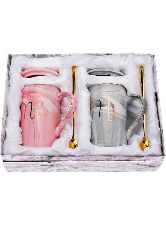 2Pcs Mr and Mrs Coffee Mugs - Valentines Day Wedding Gift - for Bride and Groom - Gift for Bridal Shower Engagement Wedding and Married Couples Anniversary -Ceramic Marble Cups 14oz  - Image 1