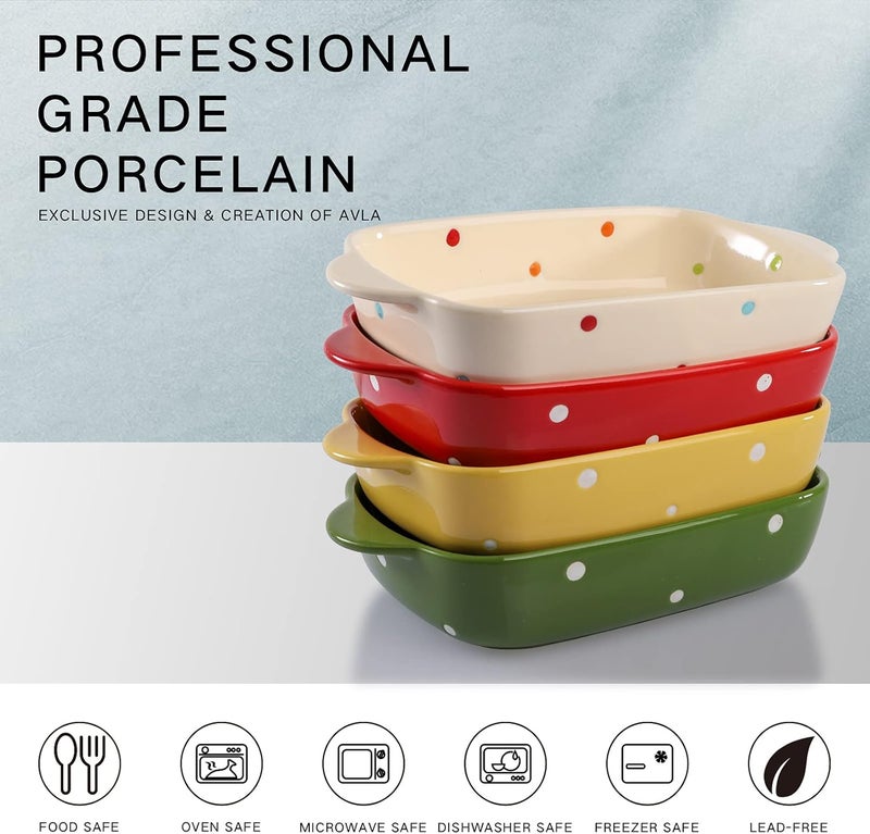 AVLA Set of 4 Ceramic Small Casserole Dishes 7x5 Porcelain Roasting Lasagna Pan Individual Casserole Dishes Bakeware with Handle Rectangular Dish Ceramic Baking Dish for Oven 20 Oz Polka Dot Assorted Color - Image 3