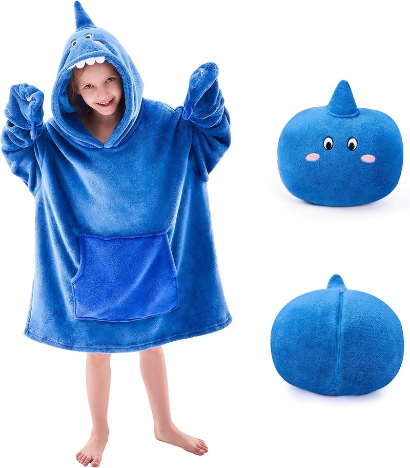 IFNOW Wearable Blanket Hoodie Kids, Oversized Fleece Blanket Sweatshirt Christmas Birthday Gifts for Boys, Girls, Teen Hoodie with Portable Foldable Blanket Pillow, Animal Embroidery 5-15 Years, Shark - Image 1