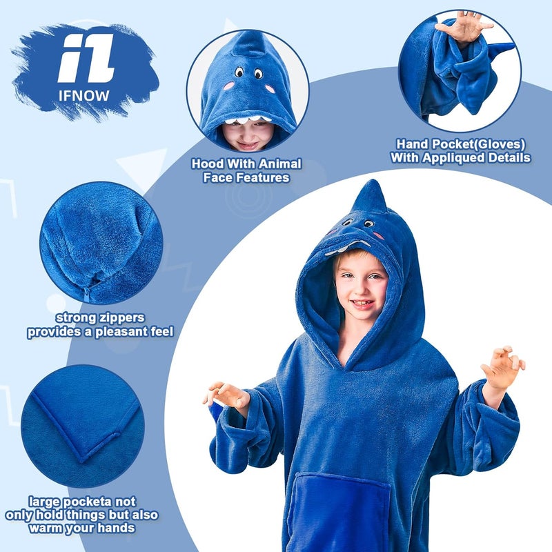 IFNOW Wearable Blanket Hoodie Kids, Oversized Fleece Blanket Sweatshirt Christmas Birthday Gifts for Boys, Girls, Teen Hoodie with Portable Foldable Blanket Pillow, Animal Embroidery 5-15 Years, Shark - Image 3