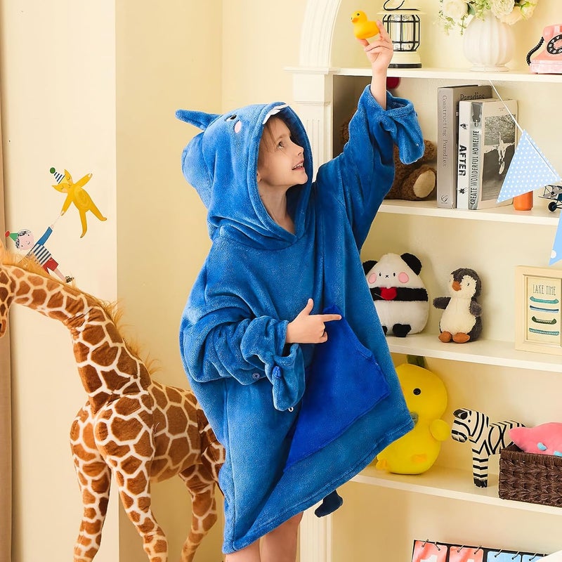 IFNOW Wearable Blanket Hoodie Kids, Oversized Fleece Blanket Sweatshirt Christmas Birthday Gifts for Boys, Girls, Teen Hoodie with Portable Foldable Blanket Pillow, Animal Embroidery 5-15 Years, Shark - Image 4