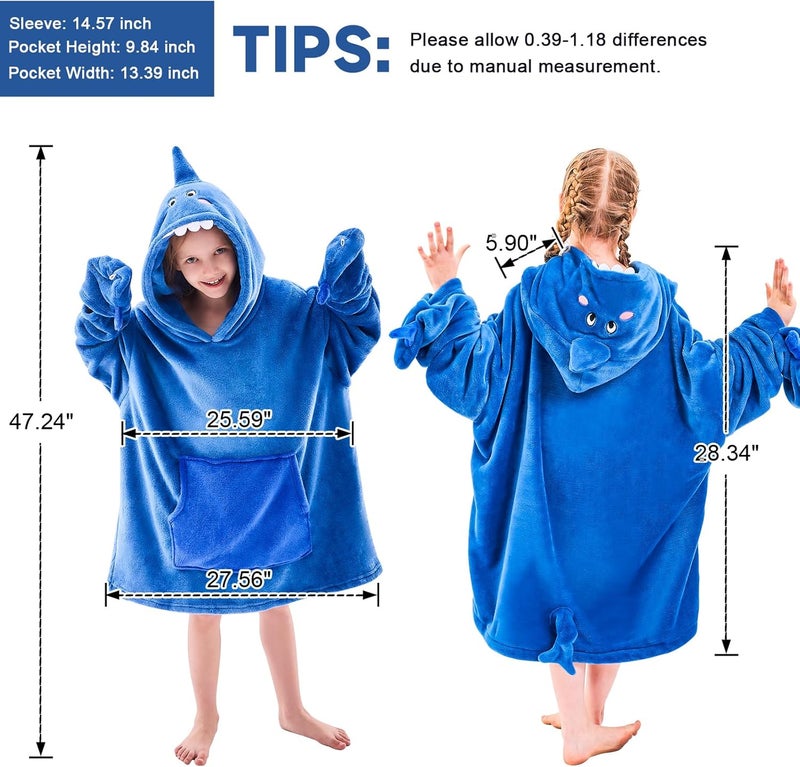IFNOW Wearable Blanket Hoodie Kids, Oversized Fleece Blanket Sweatshirt Christmas Birthday Gifts for Boys, Girls, Teen Hoodie with Portable Foldable Blanket Pillow, Animal Embroidery 5-15 Years, Shark - Image 2
