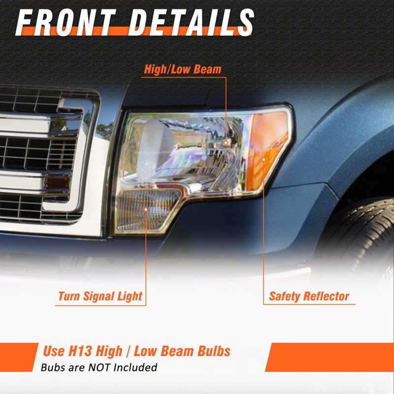 AXLAHA Headlight Assembly Compatible with 2009-2014 Ford F150, OE Style Direct Replacement Headlamp with Chrome Housing Amber Reflector Clear Lens Driver and Passenger Side - Image 3