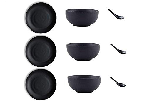 TDS Unbreakable Melamine Solid Soup Bowls with Spoon (Set of 3+3+3, Black) - Image 1