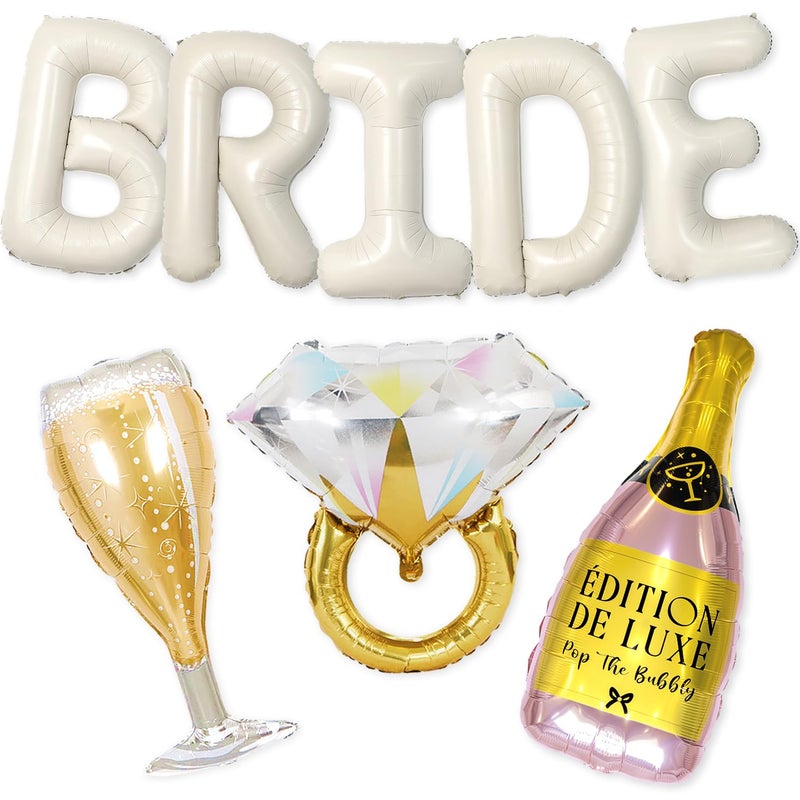 PartyForever 40 inch Bride Balloons Cream Letters Banner - Bachelorette Party Decorations Kit - Bach Party Supplies and Favors with Gold Ring, Bottle and Glass Balloon - Image 1