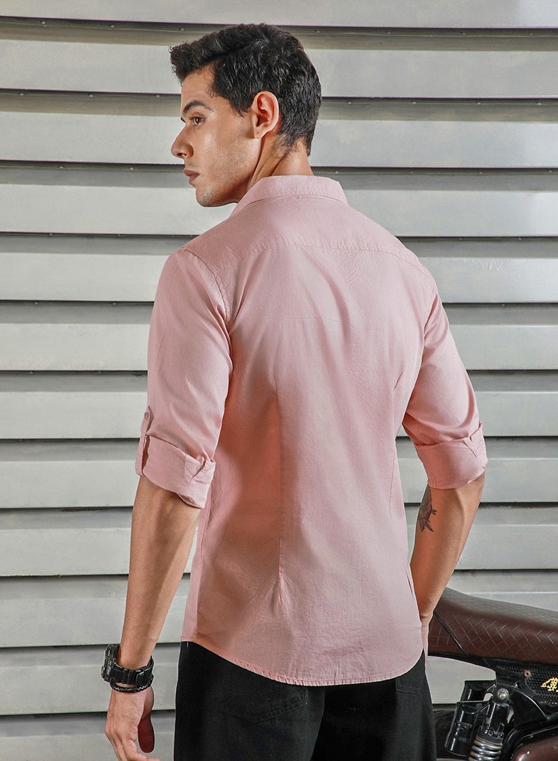 HIGH STAR Men's Dusty Pink Spread Collar Cotton Casual Shirt - Image 3