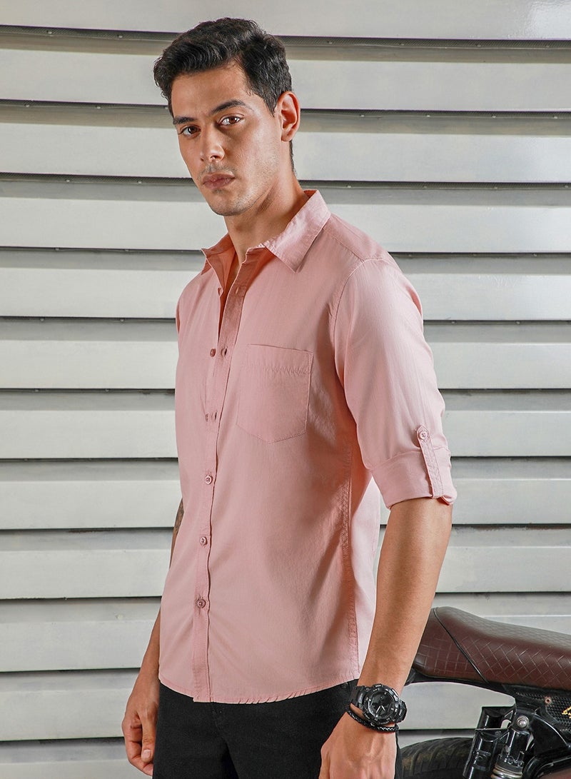 HIGH STAR Men's Dusty Pink Spread Collar Cotton Casual Shirt - Image 5
