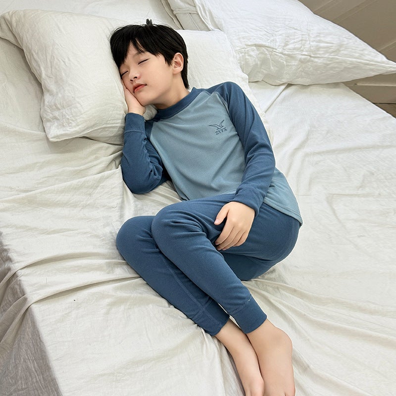 2024 color matching brushed velvet childrens autumn clothes long pants thermal underwear suit autumn and winter home clothes boys pajamas Nordic blue (double-sided brushed velvet) 