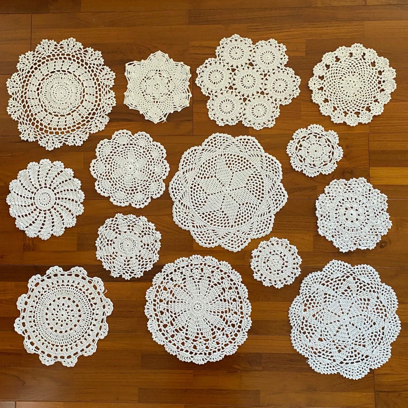 kilofly 14 pcs Cotton Crochet Coasters Doilies 4115 Handmade White Beige Placemats