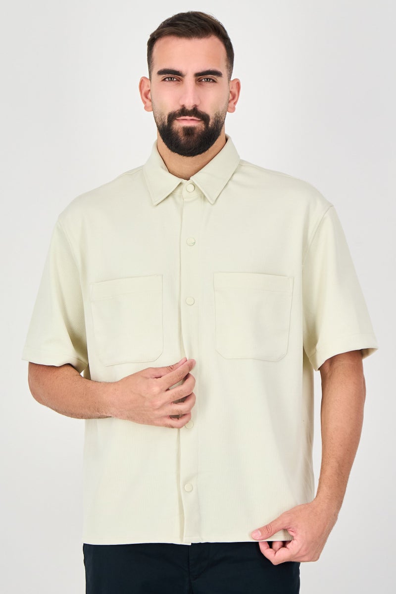 Celio Men Regular Fit Plain Short Sleeve Casual Shirt, Beige - Image 1