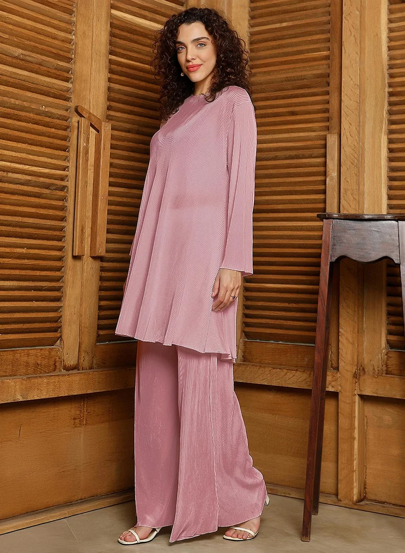 QISSA Women's Blush Pink Solid Pleated Kurta Set For Ethnic Wear | Round Neck , Long Sleeves , Straight Hem | Solid Pleated Fabric | 2 Piece Kurta Set Designed For Casual & Daily Wear