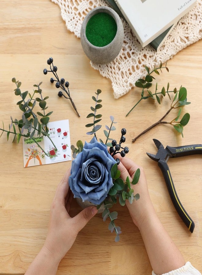 mizii DIY Small Artificial Flowers Potted Kit Fake Flower Realistic Silk Rose and Greenery with Vase for Gifts Table Centerpiece Mantle Office Desk Shelves Living Room Decorations (Navy Blue) - Image 2