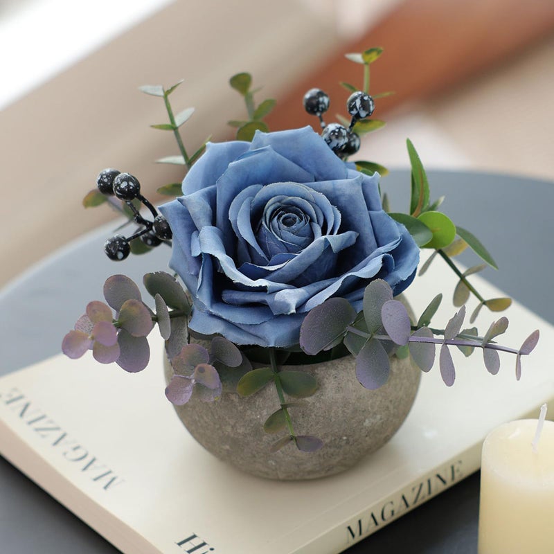 mizii DIY Small Artificial Flowers Potted Kit Fake Flower Realistic Silk Rose and Greenery with Vase for Gifts Table Centerpiece Mantle Office Desk Shelves Living Room Decorations (Navy Blue) - Image 1